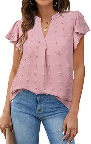 PASUDA Camiseta Mujer Casual Manga Corta Blusas Elegante Cuello en V Camisas Verano Volantes Suelta T Shirt Túnica Básica Tops (Rosa, M)