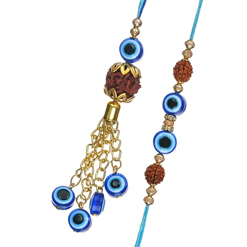 Image of eCraftIndia Evil Eye Rudraksha Designer Bhaiya Bhabhi Rakhis with Best Bro Ever Fridge Magnet | Set of 2 Rakhi for Brother and Bhabhi | Lumba Rakhi | Roli Chawal Pack