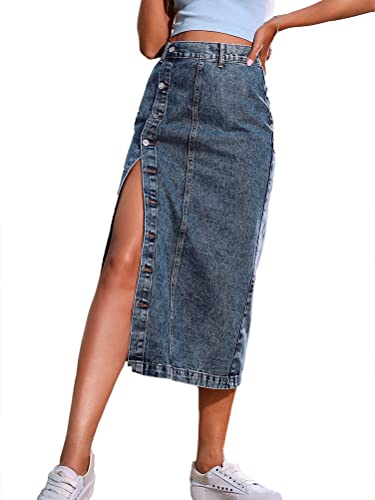 ORANDESIGNE Jupe Crayon Extensible pour Femmes Jeans Décontractés Élégant Taille Elastique A-Ligne Jupe Solide été Midi Jupe A02 L