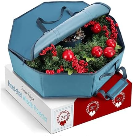 Wreath Storage Container - Hard Shell Christmas Wreath Storage Bag with Interior Pockets,
