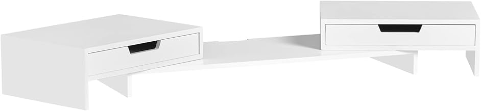 SoBuy Width Adjustable Monitor Stand with 2 Drawers, Desk Organiser, Screen Stand for 2 Monitors, Monitor Riser for Desk, Office Organiser, White, 60-107x11x22 cm, BBF04-W