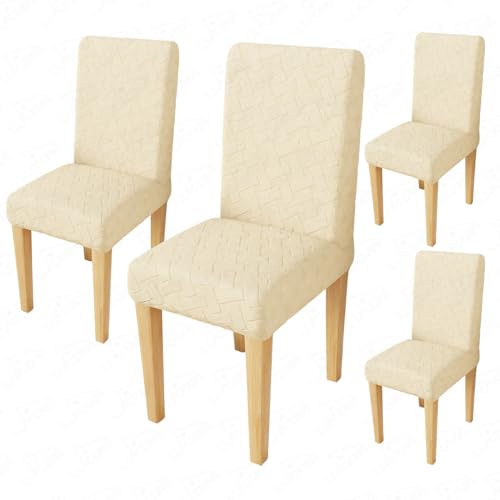 Image of Lukzer Elastic Dining Chair Cover - 4PC Pastel Yellow Basket Weave | Textured High Stretch Jacquard Seat Cover | Removable Washable Short Dining Chair Cover Protector Seat Slipcover | (CC-112-04)