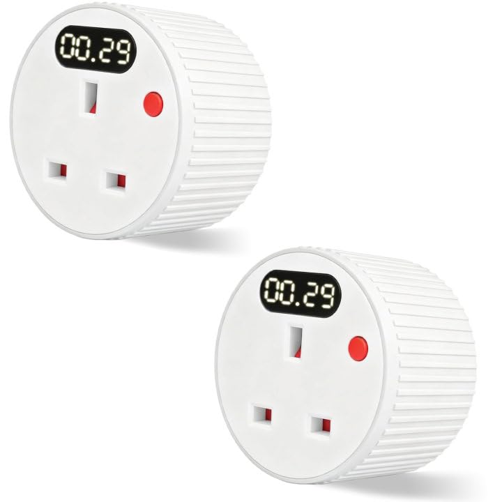 PRITOK 2 Pack Countdown Timer Plug Socket with LED Display: Mechanical Digital UK Smart Plug Socket 13A 3120W, 1 Min–24H Adjustable Countdown Switch for Home Appliance and Office (White)