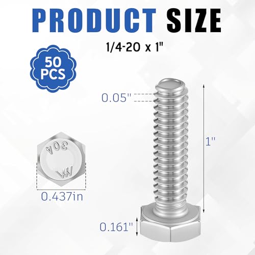 Image of Zonon 50 Pcs 1 /4-20 x 1 Hex Head Screw Bolt 18-8 (304) Stainless Steel Hexagon Bolts, Fully Threaded, Plain Finish, External Hex Drive (Silver)