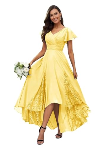 Tea Length Chiffon Mother of The Bride Dress Short Sleeve Bridesmaid Dress V Neck Lace Applique Formal Gown QW023