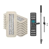 OKAEI Wischmop-Komplettset 40 cm – 10× Bezug Blau-Weiß-Beige + Klapphalter & Alu-Teleskopstiel – Für Trocken- & Nassreinigung – Profi 10er Spar-Set