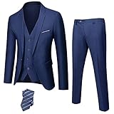 Hihawk Traje de 3 piezas para hombre con tela elástica, color sólido, ajustado, conjunto de blazer de un botón, chaqueta chaleco pantalones con corbata., Azul profundo, XXX-Large