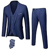 Hihawk Men's 3 Piece Suit with Stretch Fabric, Solid Slim Fit One Button Suit Blazer Set, Jacket Vest Pants with Tie., Deep Blue, XXL