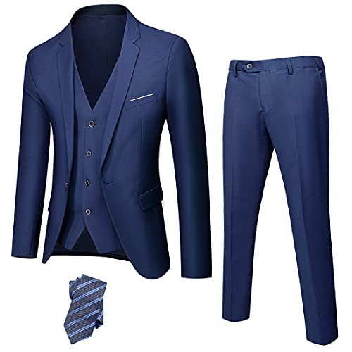 Ynd Men's Slim Fit 3 Piece Suit, One Button Jacket Vest Pants Set With Tie, Solid Party Wedding Dress Blazer, Tux Waistcoat And Trousers Deep Blue #TOP23