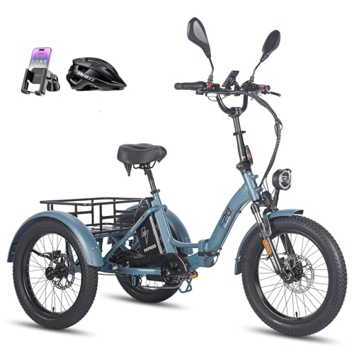 Fafrees F20 Mate Elektro Dreirad klappbar 20 * 3.0 Zoll, Lastendreirad 48V 21Ah Akku, e Bike 3-Rad 65N.m Motor 25km/h, Reichweite bis zu 55-110Km (Kleiner hinterer Korb, Blau)