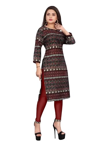 Image of Women's Printed Crape Straight Kurti, 3 /4 Sleeve, Casual Wear, Pack of 4 (Brown, Blue, Green, Black)