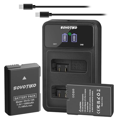 Image of SOVOTIKO EN-EL14/EN-EL14A Battery 2-Pack and Dual-Slot PD Fast Charger for Nikon D3500 D3400 D5600 D5300 D5500 D3300 D5200 D5100 Coolpix P7800 P7700 P7100 P7000 DF Cameras.1500mAh