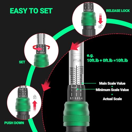 Image of 1 /2 inch Drive Click Torque Wrench, 10-170 Ft-Lb /13-230 Nm Dual-Direction Adjustable 72 Tooth Ratchet, ±3% Accuracy Heavy Duty Torque Wrench for Automotive Repair, Lug Nuts and Suspension Work