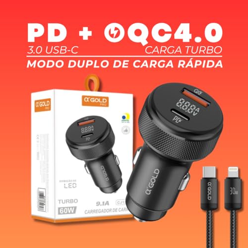 Carregador Veicular Turbo Dual Port 60W Com Carregamento Rápido USB 3.0 + Tipo C Com Cabo Tipo C e L