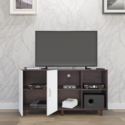 Image of VIKI Modern TV Unit for Living Room | Engineered Wood TV Cabinet with 2 Door Storage & 2 Open Shelves, Entertainment Unit, 140W x 74H x 40D cm | DIY | 1 Year Warranty (Wenge & White)