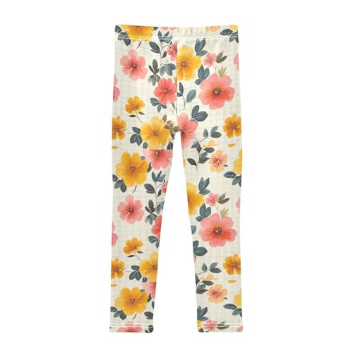 Boccsty Yellow and Pink Floral Pattern Girls Leggings Kids Yoga Pants Dance Active Tights 4T2