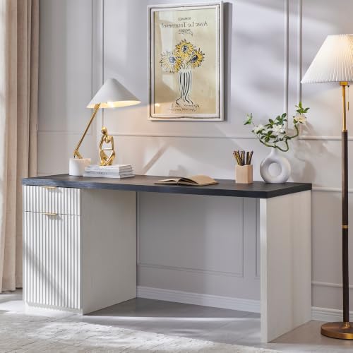 Image of 60 inch Fluted Home Office Desk, Reversible Left‑Right Cabinet, Built‑in Outlet | Reversible design lets you fix the cabinet on left‑hand or right‑hand side to fit your room layout