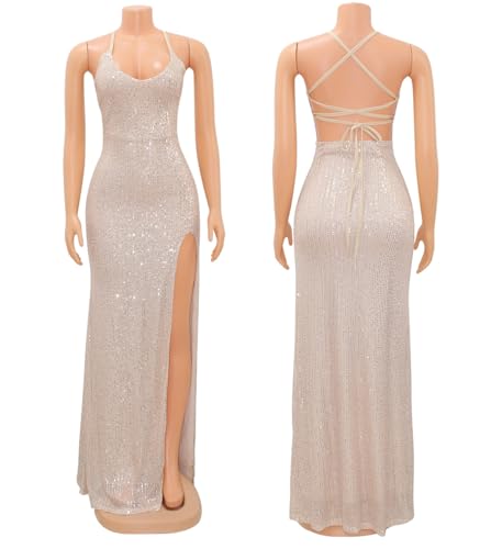 Image of BOLLEY JOSS Women's Sequins Midi Dress Sexy Back Slit Spaghetti Strap Bodycon Long Dress Summer Sparkly Party Dresses