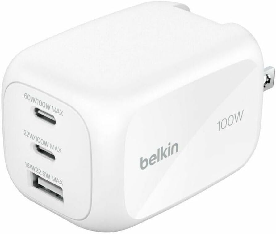 100W GaN 3-Port USB Wall Charger - 1xUSB-A, 2xUSB-C - Foldable Prongs - Power Adapter - White