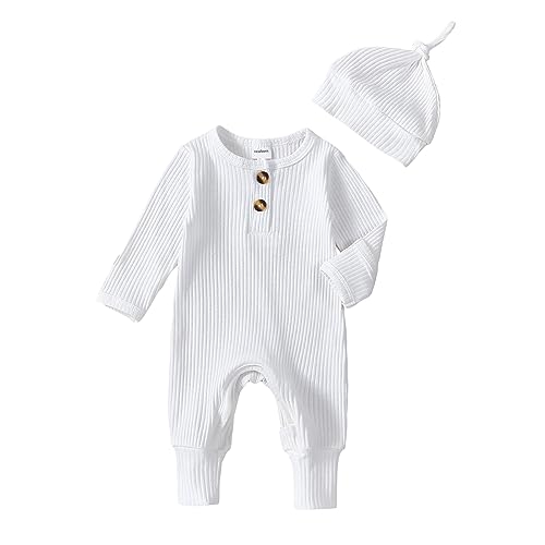 Image of aporake Neutral Baby Clothes Newborn Girl Boy Coming Home From Hospital Outfit Cute Ribbed Knit One-Piece Romper Jumpsuit Hat