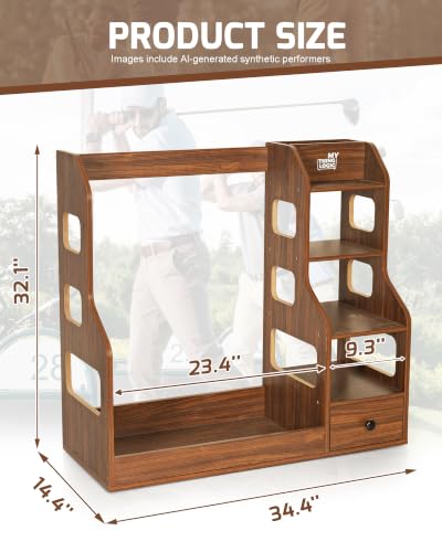 Image of Mythinglogic Wooden Golf Bag Storage Rack for 2 Bags with Drawer