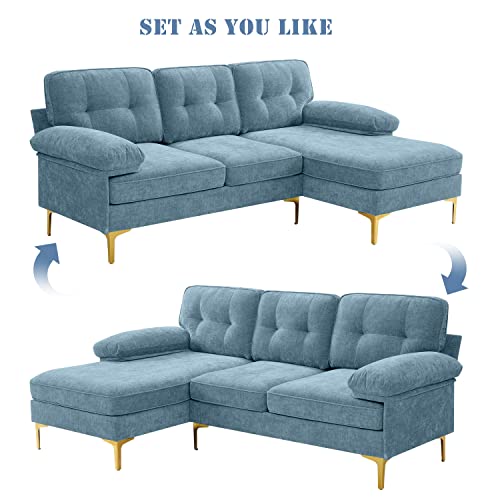 Cooldex 82” L Shape Sofa Convertible, Baby Blue Sectional Sofa, Mcm Sofa,Retro Sofa,Chenille Loveseat Sofa With Chaise， Removable And Washable Cushions (Baby Blue) #TOP2