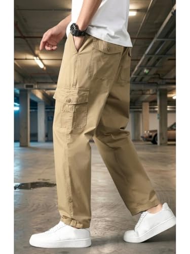 Image of Men's Cargo Trousers-100% Premium Cotton Regular Fit Lightweight Breathable Elastic Waist Multi-Pocket Casual Utility Pants