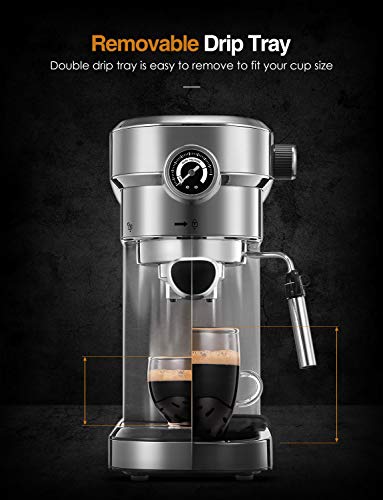 Brewsly 15 Bar Espresso Machine, Stainless Steel Compact Espresso Maker with Milk Frother Wand , Professional Coffee Machine for Espresso, Cappuccino and Latte