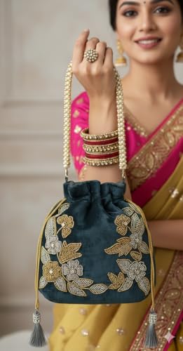 Image of Velvet Potli Bag with Golden & Silver Beaded Flower Embroidery - Handcrafted Ethnic Drawstring Bag for Weddings, Parties & Festive Gifts - Beaded Handle & Tassels for Women