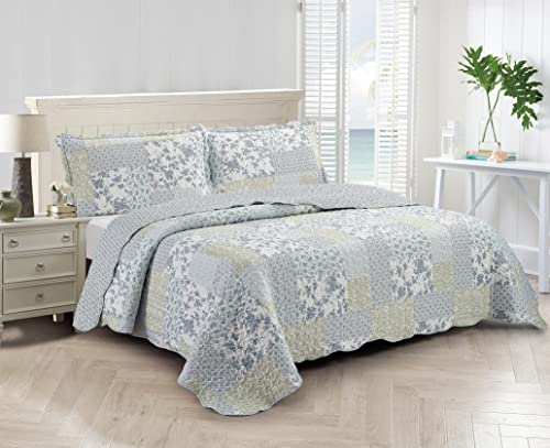 Brilliant Sunshine Multi Blue and Beige Floral Patchwork, 3-Piece Quilt