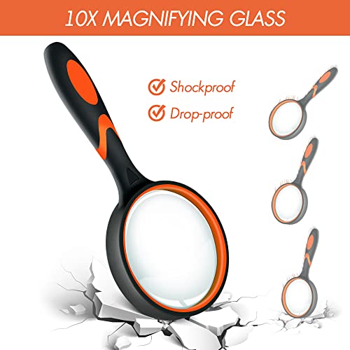 Leffis 3 Pack Magnifying Glass, 10X Non-Slip Handheld Reading Magnifier for Kids and Seniors, 75mm Magnifying Glass Lens for Reading, and Nature Exploration