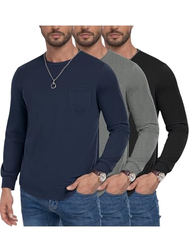 3 Pack Men's Long Sleeve Pure Cotton T-Shirt Crewneck Pocket Tee Longline Casual Lightweight Fall Basic Shirts