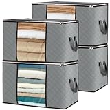 Emballage du produit : le produit comprend 4 boîtes de rangement pour vêtements horizontales grises de 90 litres, dimensions : 60 x 40 x 35 cm.