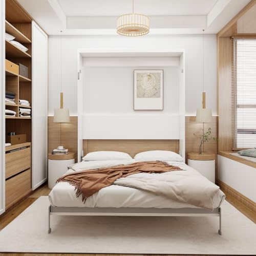 Image of KEIKI Queen Size Vertical Cabinet Murphy Bed with Solid Slats, White