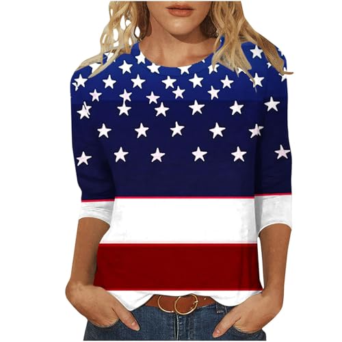Image of Fourth of July Shirts for Women 3 /4 Sleeve Summer Tops American Flag Print T Shirt Patriotic 4th of July Shirts 2025