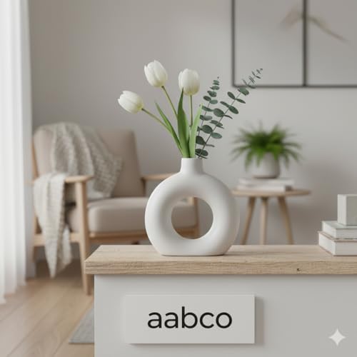 Image of Modern Ceramic Ring Vase Pink Floral Stems, White, Decorative Flower Holder for Home (4 INCH)