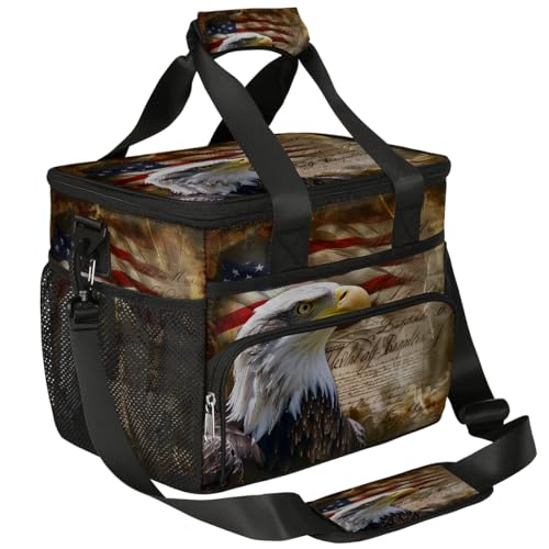 Mexpekil Bolsa térmica grande con diseño de águila con bandera americana, 15 L, bolsa de almuerzo aislada a prueba de fugas suave con correa para picnic, camping, viajes, pesca, senderismo