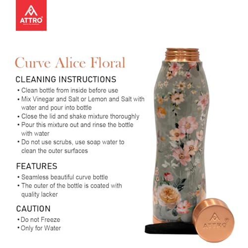 Image of ATTRO Curve Copper Bottle Design Boosts Immunity Leakproof & Lightweight |Anti-Bacterial, BPA Free with Secure Cap for School, Travel, Gym & Work 1000ml Alice Floral