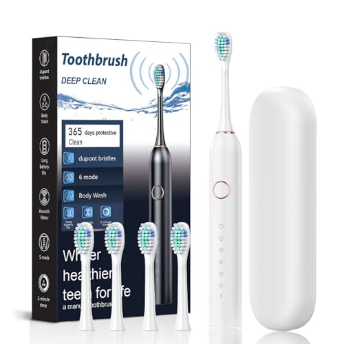 WellaWhite Electric Tootbrush for Adults, 6 Cleaning Modes Sonic Toothbrush with 4 Brush Heads, 45000 VPM, IPX7 Waterproof Rechargeable Toothbrushes Built-In 800mah Battery (White+4 Brush Heads)
