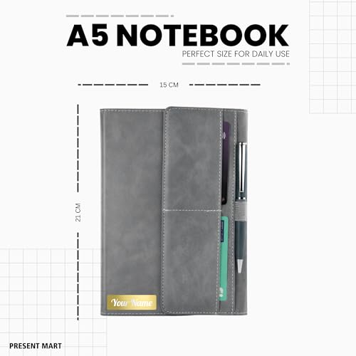 Image of FoldBook Stash Personalized Name Print A5 Notebook with Magnetic Flap Closure, 3-Fold Organizer Cover with Pockets & Pen Slot, 192 Pages 80 GSM Paper, Bookmark Ribbon, Custom Journal for Office School Gifts (GREY)