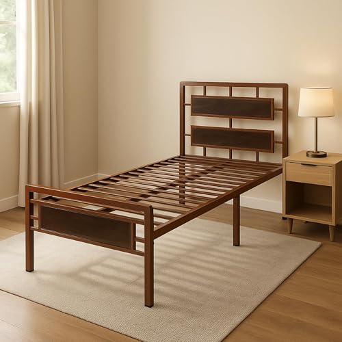 Image of Zeek Metal Extra Single Size Bed Without Storage | Wrought Iron Single Bed with Headboard & Footboard| Sturdy Powder Coated Platform Cot for Bedroom (Zeek Brown)