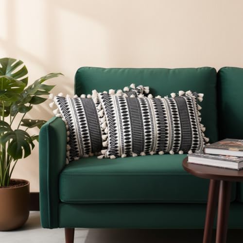 Image of STITCHNEST Geometric Woven Cushion Covers with Tassels | Set of 2 | Black | 12 x 18 Inches | Decorative Sofa & Living Room Cushion Covers