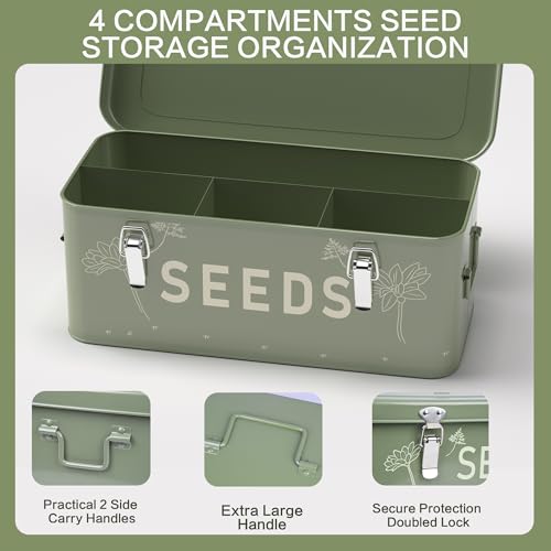 Orionstar Metall-Samenaufbewahrungs-Organizer-Set mit 30 Flaschen & Umschlägen, 4-Fach-Verriegelungsbox für Gartenbau, Aufbewahrung von Erbstück-Blumen und Gemüse, Vintage Dunkelgrün, Gärtner-Geschenk