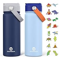 GoKEDA 18oz Kids Water Bottle, 2 Pack Insulated Bottles with Stickers, 18/8 Stainless Steel Vacuum Leak Proof Straw Cup for School, Gifts for Boys(Light Blue, Dark Blue)