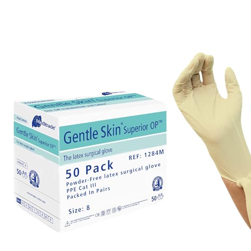 Meditrade Gentle Skin Superior OP Surgical Gloves - Latex, Powder Free, Sterile, Disposable - PPE for Surgery and Medical Exam - Natural - Size 8-50 Pairs