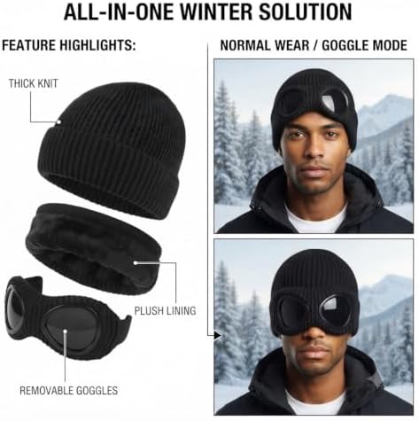 2PCS Goggle Knit Beanie with Goggles Unisex Goggle Knitted Beanie Hat Windproof Warm Winter Skull Cap (2PCS C) - 2