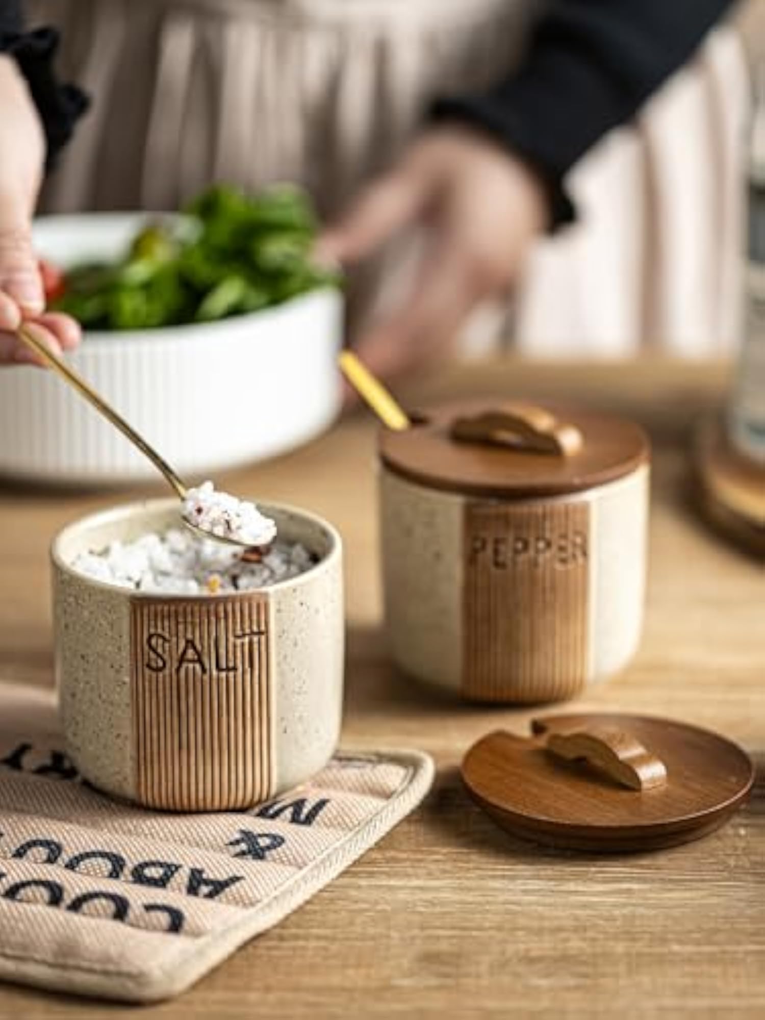 Ceramic Salt and Pepper Bowls with Lid and Spoons