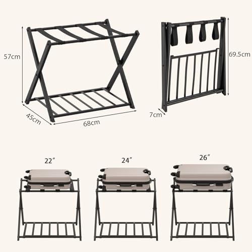 GIANTEX Składana walizka na bagaż, metalowy bagażnik na walizkę/bagaż z 2 poziomami i 4 paskami, do sypialni, hotelu, 68 x 43 x 58 cm, czarny (2 szt.)