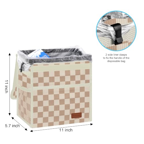 Image of Femuar Leak Proof Car Trash Can with Lid, Collapsible Hanging Waterproof Car Trash Bag with Mesh Pocket for SUV Front Seat Headrest, Large /Beige Brown Plaid