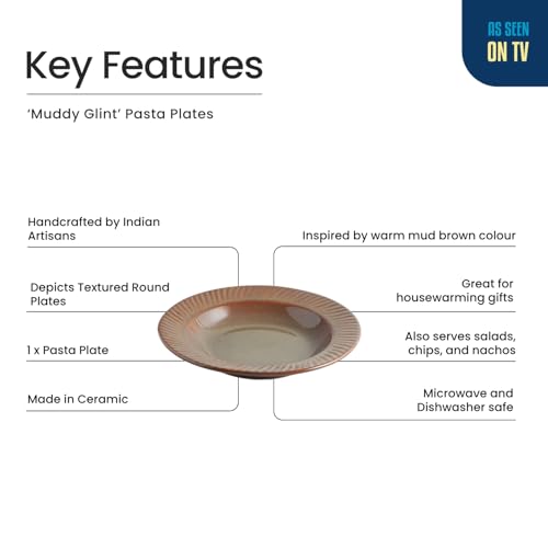 Image of ExclusiveLane 'Muddy Glint' Ceramic Pasta Bowl /Plate for Serving (410 ML, Microwave Safe, Hand-Embossed) | Snack Serving Plate for Kitchen Serving Plate for Snacks